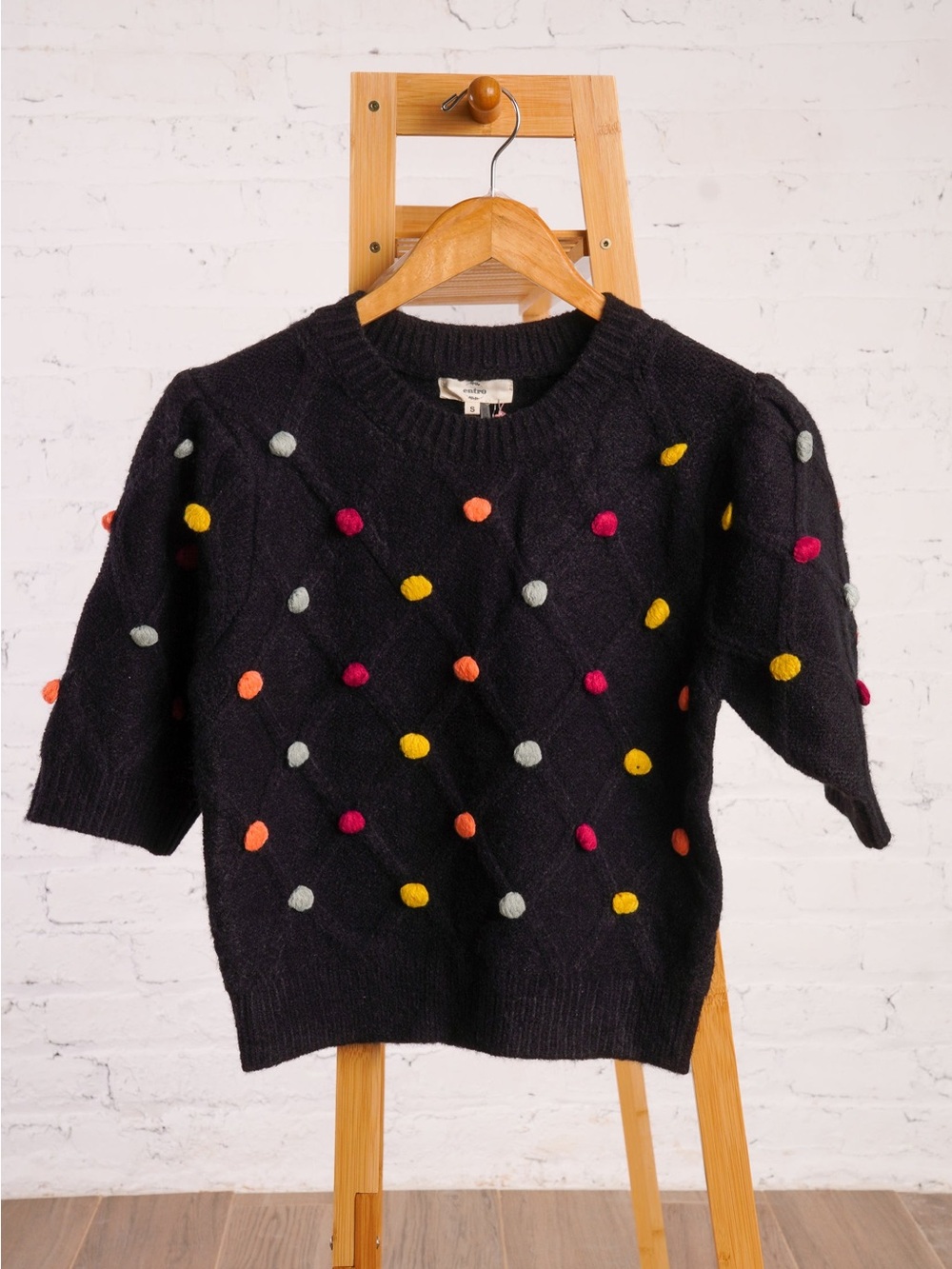 entro Black Knit Sweater with Multicolor Pom-Poms